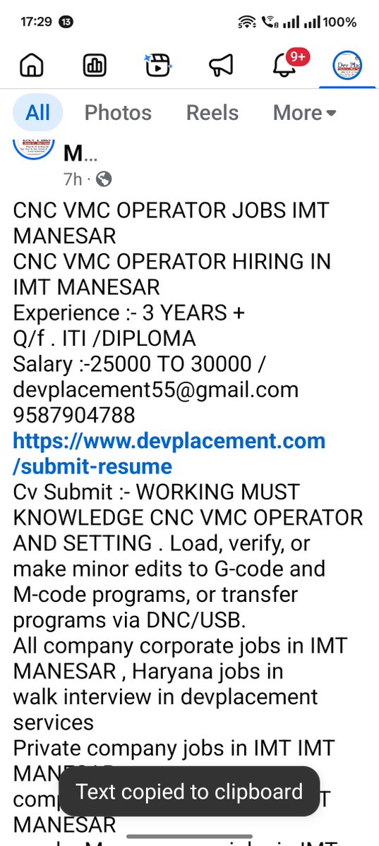 DevPlacement's tweet photo. CNC VMC OPERATOR JOBS IMT Manesar 
Exp. :- 3 YEARS +
Q/f . ITI /DIPLOMA
Salary :-28k 9587904788
https://t.co/pFS16xfOBS
Cv Submit :- WORKING MUST KNOWLEDGE CNC VMC OPERATOR AND SETTING . Load, verify, or make minor edits to G-code and M-code programs, or transfer programs https://t.co/XXFwbKpCpI