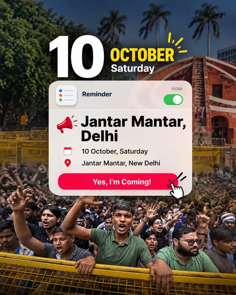 AamAadmiParty's tweet photo. Our Democracy. Our Voice. Our Right. 🇮🇳

The fight for our votes and our democracy is a fight for every Indian.

Let’s come together and raise our voice against the Vote Chori done by BJP and Gyanesh Kumar.

📍 Jantar Mantar, Delhi
📅 10 October https://t.co/m8T6dY1DVT