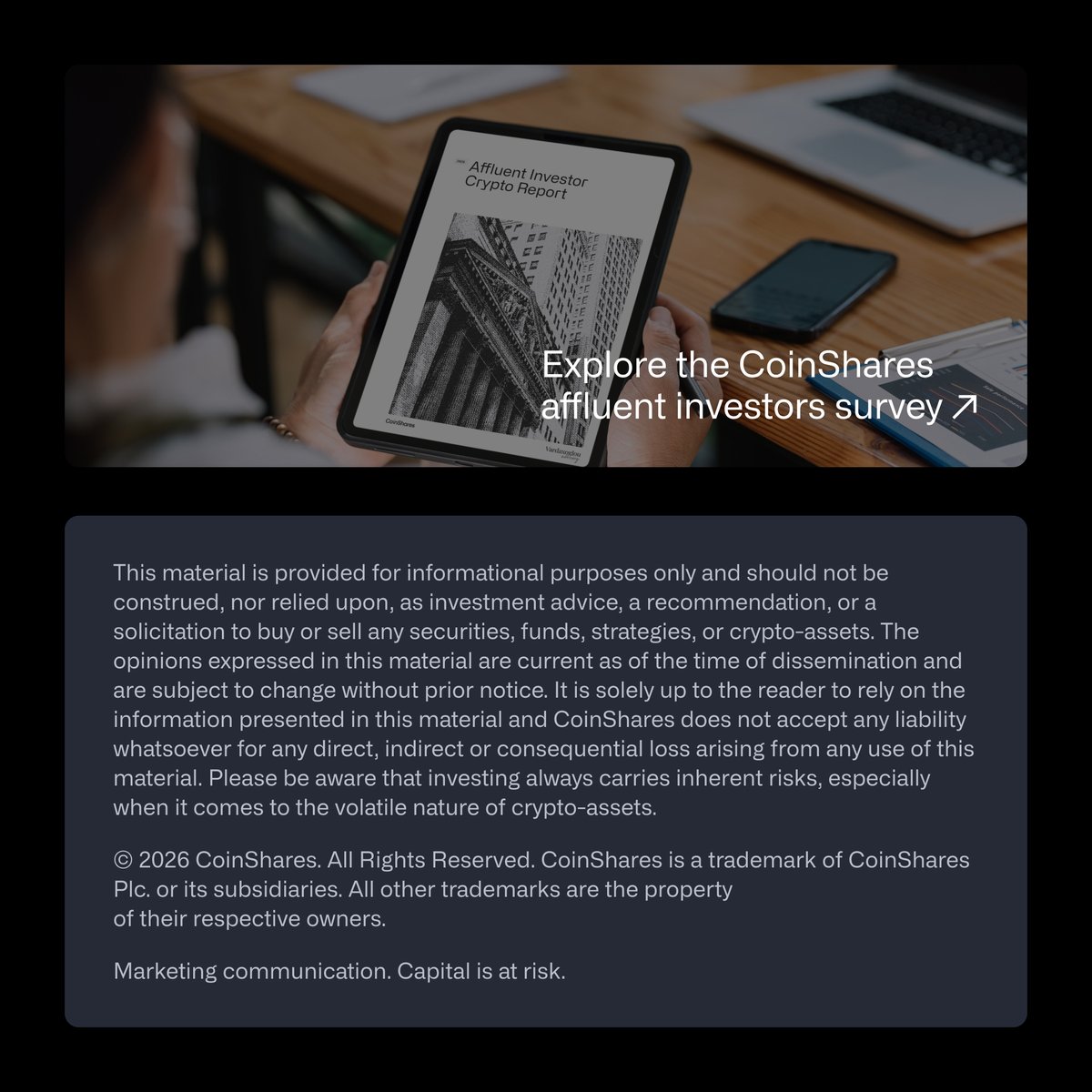 CoinSharesCo's tweet photo. How are digital assets fitting into private wealth in 2026?

Our latest survey looks beyond adoption to investor conviction, strategy and the forces shaping allocation decisions across seven markets.

Explore the full findings: https://t.co/QdawRLzKgi https://t.co/nb2yDu7ygr