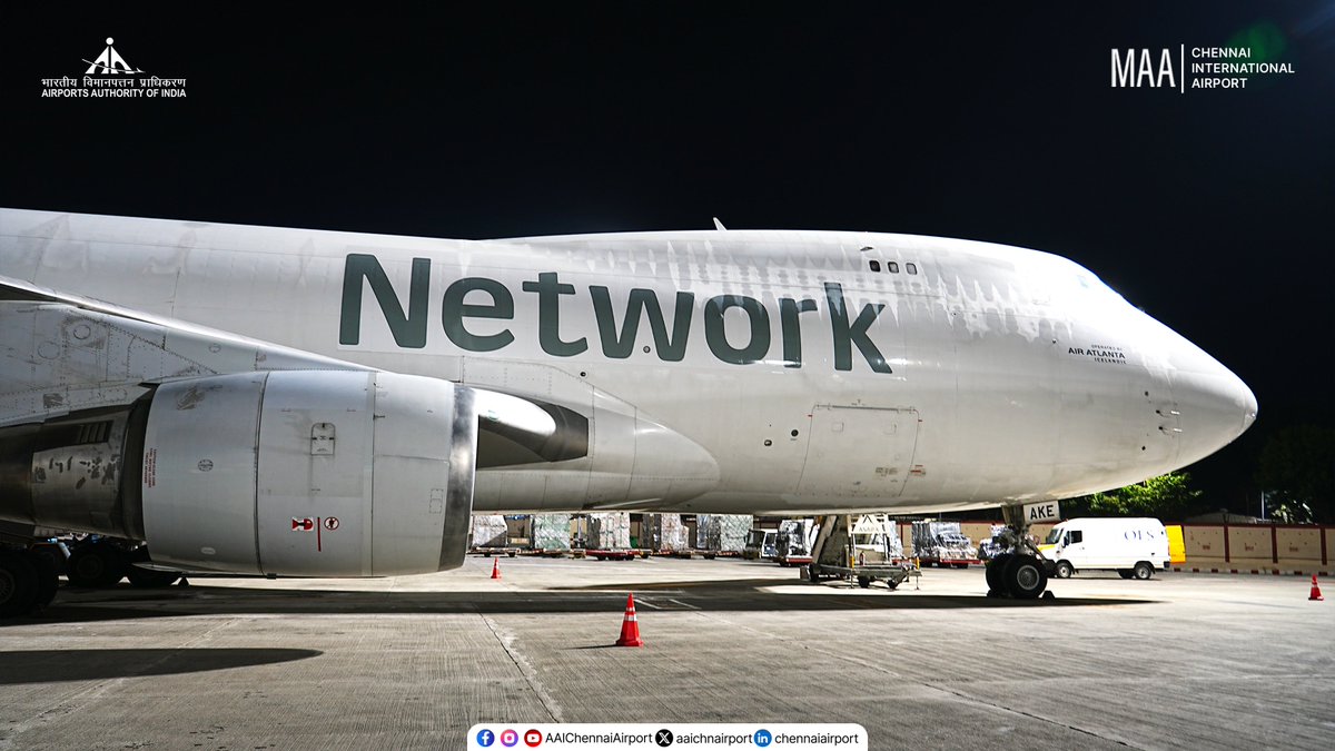 aaichnairport's tweet photo. Under the Chennai night sky, Network Aviation’s Boeing 747, operated by Air Atlanta Icelandic, is on the ground for its cargo stop, with freight being loaded and unloaded before the next sector.

Arriving from Hanoi and heading onward to Hong Kong, the Queen of the Skies offers a glimpse into the international cargo movements connecting Chennai with destinations across the region through #ChennaiAirport.

#ChennaiAirport #AirCargo #Boeing747 #Freighter #Aviation #Chennai #CargoFlight #MAAshots #Boeing 

@MoCA_GoI | @AAI_Official