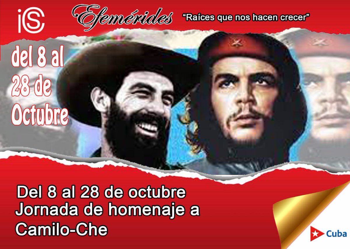 IcsCuba's tweet photo. 🇨🇺🇦🇷A partir de hoy y hasta el día 28 se celebra la Jornada Camilo-Che. El pueblo recuerda y hace homenaje en ese mes de octubre a dos hombres que compartieron un mismo ideal: luchar y defender los sueños de justicia y de soberanía de #Cuba. https://t.co/gT0J0kp1bI