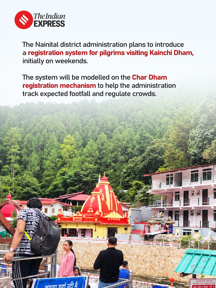 IndianExpress's tweet photo. #ExpressExclusive | A sharp rise in visitors to Kainchi Dham has prompted the Nainital administration to propose a registration system for pilgrims, initially on weekends. The move comes as the shrine grapples with crowd and traffic congestion.
🔗 https://t.co/MmpJxHrIXL
Written by: Vidheesha Kuntamalla