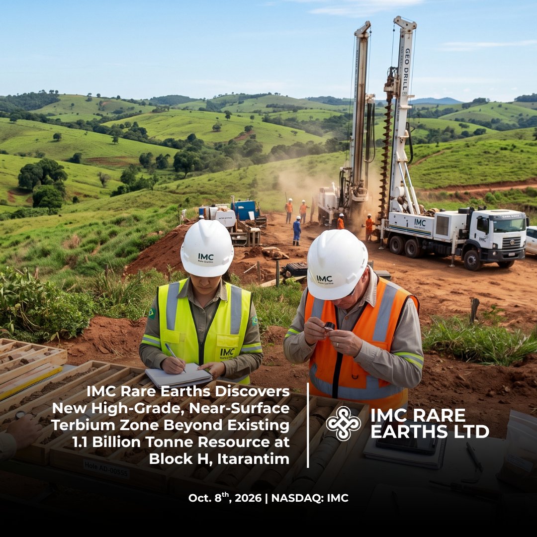 IMCRareEarths's tweet photo. IMC Rare Earths has discovered a new high grade (one of the highest grades globally), near surface terbium zone at Block H, outside its existing 1.1 billion tonne Mineral Resource.

Mineralization starts just 2m below surface, with strong terbium and dysprosium grades and 64% to 83% initial terbium recovery.

More drilling is underway to define the discovery and its resource growth potential.

Read about our discoveries here: https://t.co/En8UTJTf0L $IMC