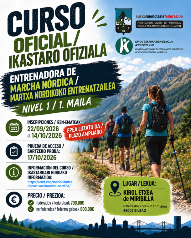 Emffvm's tweet photo. EPEA LUZATU DA ‼️🚶‍♀️🏔️ EMFk Martxa Nordikoko Entrenatzailearen I. Mailako Ikastaro Ofizialaren edizio berria jarriko du martxan.

📅 Izen-emateak: irailaren 22tik urriaren 14ra.
📝 Sarbide-proba: urriaren 17an.

Informazio eta dokumentazio guztia 👉  https://t.co/cfjo7KTmVf https://t.co/AK5VMYSd6V