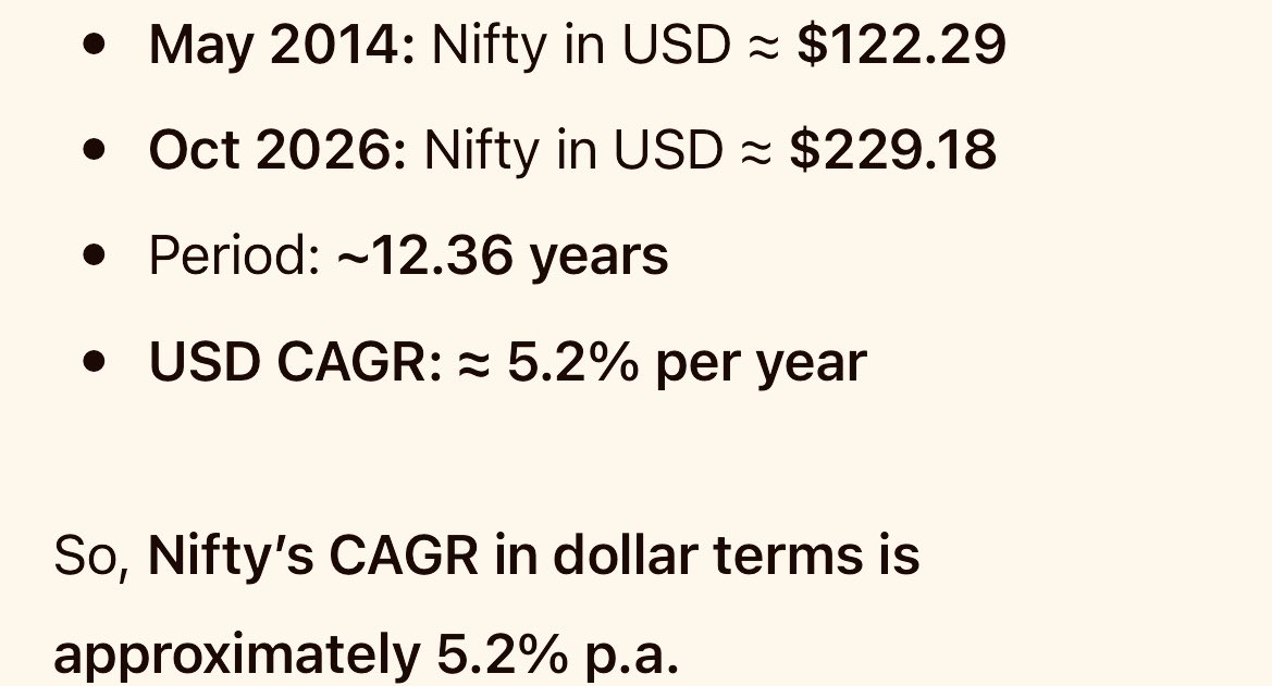 Asan_research's tweet photo. NIFTY returns in dollar terms is approximately CAGR 5.2% p.a which is lower than inflation in 12 years.

#nifty
#stockmarket https://t.co/OERBBK5vVN