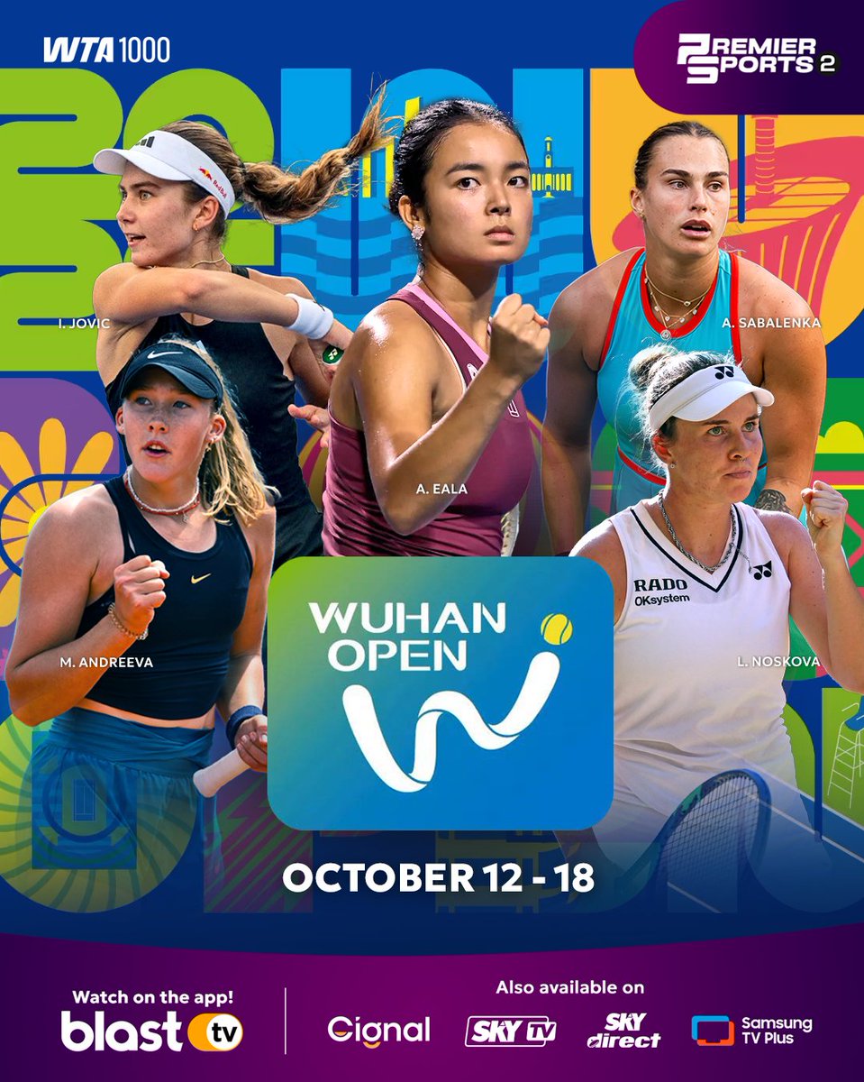 blasttvph's tweet photo. Wuhan is ready for another week of WTA1000 action! 🔥🎾

The biggest names in women’s tennis are back on court, with Alex Eala joining the field alongside Aryna Sabalenka, Mirra Andreeva, Linda Noskova and more! 

Who will make their mark in Wuhan? 👀

Watch the Wuhan Open LIVE from October 12-18 on Premier Sports 2 via BlastTV!