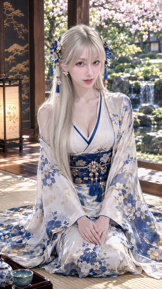 AndyLau42's tweet photo. Load 4K: Seiza on tatami in a blue-and-white floral kimono, gold-and-tassel hair ornaments catching afternoon light, cherry blossoms and a garden waterfall soft behind the wooden pillars, tea set waiting on the lacquered table.
Prompt:
Create a 9:16 vertical ultra-realistic live-action photograph of a clearly adult woman in her mid-20s, faithfully recreating the scene, clothing, pose, composition, and atmosphere described below.

REFERENCE IMAGE — PERSON ONLY:
Use the supplied reference image ONLY for the woman’s facial appearance, exact hair color and tone, hairstyle, hair length, hair texture, parting, bangs, and natural body frame/proportions. Do NOT copy the reference image’s clothing, pose, environment, accessories, or composition.

HAIR — STRICTLY FOLLOW REFERENCE:
Preserve the exact hair color from the reference image with absolute consistency. Do NOT independently select, recolor, lighten, darken, bleach, tint, or reinterpret the hair color. Preserve the reference hairstyle, hair length, texture, parting, volume, bangs, and natural loose strands exactly.

BODY FRAME:
Preserve the natural body frame and proportions visible in the reference image. Approximate 176 cm height and 50 kg weight may be used only as secondary proportional guidance; the reference body frame takes priority. Do not artificially slim, enlarge, exaggerate, or reshape the body.

OUTFIT — RECREATE PRECISELY:
She wears an elegant traditional Japanese-inspired blue-and-white kimono ensemble.

The main kimono is predominantly ivory-white with intricate blue floral and botanical patterns, decorated with detailed gold ornamental motifs. The fabric has a luxurious but believable woven texture with subtle sheen. The kimono has wide, flowing sleeves extending far beyond the wrists, with translucent/lightweight sections and abundant natural fabric folds. The sleeve and lower-hem patterns contain concentrated deep-blue and gold floral ornamentation.

Under the kimono is a white wrap-style inner garment with a deep V-shaped neckline, edged with narrow deep-blue trim. The neckline and overlapping front panels create a clearly recognizable traditional Japanese wrap construction.

Around her waist is a wide deep navy-blue obi, richly decorated with elaborate gold floral and geometric embroidery. The obi is structured and layered, with an ornate central decorative arrangement featuring gold detailing, blue ornamentation, and hanging blue tassels/cords. Preserve the intricate blue-and-gold color palette throughout the outfit.

Her hair is decorated with elaborate blue, gold, and floral Japanese hair ornaments, including symmetrical decorative pieces on both sides of the head, delicate gold filigree, blue flowers, hanging blue tassels, and small dangling ornaments.

POSE — MATCH THE IMAGE EXACTLY:
She is kneeling in traditional seiza posture on a tatami floor, facing directly toward the camera.

Her upper body is upright and centered. Both knees are positioned beneath the flowing kimono, while the large skirt-like lower portion of the kimono spreads naturally around her on the tatami.

Her hands rest together naturally in front of her lap, with one hand gently placed over the other. Her forearms emerge from the wide kimono sleeves and descend toward the center of her lap.

Her shoulders are relaxed and symmetrical. Her head faces directly toward the camera with a gentle, composed expression. Her gaze is directed naturally into the lens. Do NOT turn her sideways, make her stand, cross her legs, or change the seiza posture.

COMPOSITION:
Centered, front-facing vertical portrait. The woman occupies most of the frame, with her head around the upper third and her entire seated kimono extending toward the bottom of the image. The camera is positioned approximately at her upper-body/lower eye level, creating an intimate but natural portrait perspective.

The wide kimono sleeves extend outward on both sides, creating a broad flowing silhouette. The lower kimono fabric spreads across the tatami floor in the foreground.

JAPANESE INTERIOR:
Traditional Japanese wooden veranda/interior opening onto a beautiful garden. Warm dark wooden pillars and beams frame the scene. Behind her is a peaceful Japanese garden with blooming cherry blossoms, green foliage, rocks, and a small flowing waterfall/stream.

On the left side is a traditional Japanese floor lantern with a warm illuminated paper shade. A dark decorative wooden panel with gold landscape motifs is visible behind it.

In the lower foreground, a low dark lacquered Japanese tea table contains traditional ceramic tea vessels, including a small blue-green teacup/bowl. These objects should remain secondary and softly detailed.

LIGHTING:
Bright natural afternoon sunlight enters from the garden, creating beautiful dappled sunlight across the kimono, floor, and background. Soft highlights illuminate her silver-toned hair and face. Maintain realistic sunlight, natural shadows, subtle rim lighting, and believable reflections on the silk-like fabric.

The cherry blossoms and garden should be softly blurred behind her while the woman and foreground kimono remain sharply detailed.

PHOTOGRAPHIC REALISM:
Ultra-realistic live-action photography of a real adult woman. Natural skin pores, subtle facial asymmetry, realistic eyes, individual hair strands, believable fabric fibers, physically accurate kimono folds, realistic hands and fingers, natural shadows, authentic optical depth of field, realistic sunlight, and subtle photographic grain.

The traditional clothing must look like physically constructed fabric rather than digital fantasy clothing. Preserve the intricate embroidery and patterns without making them overly sharp or artificial.

IMPORTANT:
The reference image controls ONLY the person’s face, hair, hair color, hairstyle, and natural body frame. Everything else—the kimono, hair ornaments, seated seiza pose, hand position, Japanese architecture, garden, cherry blossoms, waterfall, lantern, tea table, composition, camera angle, lighting, and overall styling—must follow this description exactly.

No anime, no illustration, no CGI, no 3D render, no plastic skin, no doll-like appearance, no generic kimono substitution, no modern clothing, no altered pose, no standing pose, no cropped head, no malformed hands, no extra fingers, no distorted anatomy.