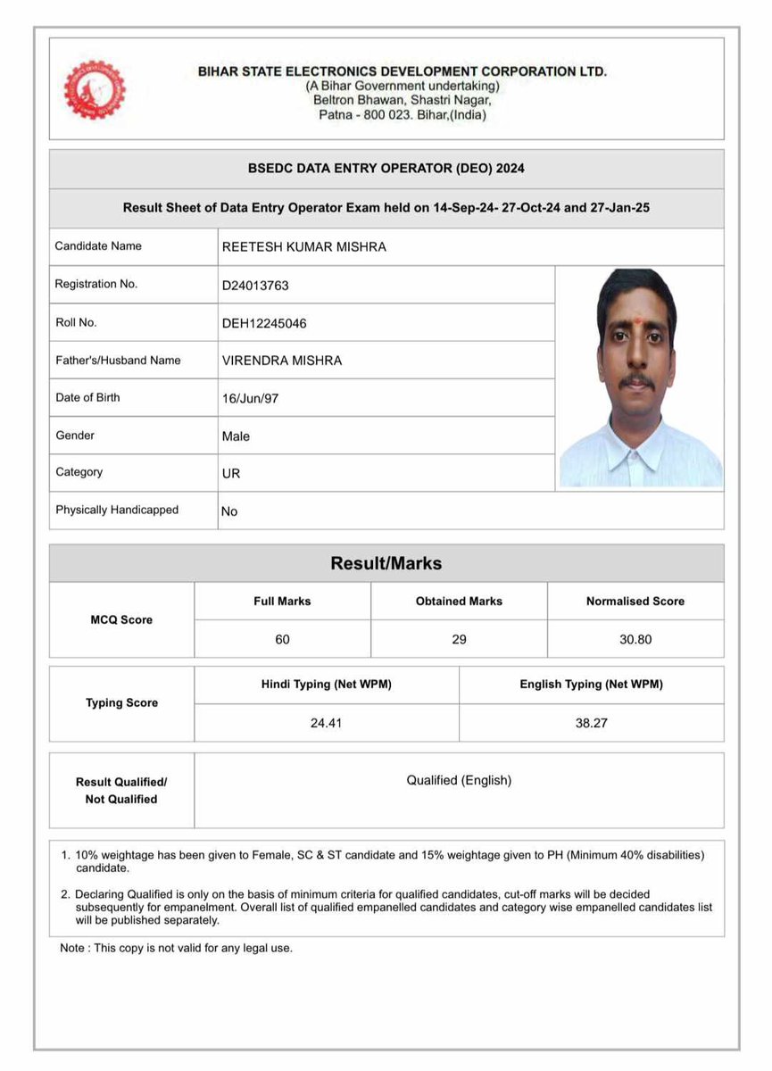 reetesh9570's tweet photo. English Typing Qualified Candidates
Beltron Data Entry Operator Exam 2024
पैनल लिस्ट जारी करने की कृपा की जाय।🙏🙏
विज्ञापन संख्या 678/2024
@samrat4bjp @BiharCMQRT https://t.co/RcZigrU0IO