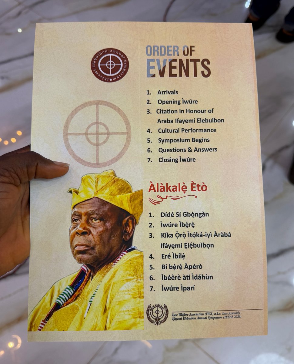 ILE_AJISEFA's tweet photo. 📢 IFEAS 2026 IS TODAY! 🔥
Ẹ̀yin Babaláwo, Ìyáláwo, Omo Awo, Ìṣẹ̀ṣe devotees, scholars, àti gbogbo àwọn olólùfẹ́ ìsẹ̀se, this is a golden opportunity !

Today is the day we gather for the Ifáyẹmí Elébùíbón Annual Symposium (IFEAS 2026).

🪶 Àkórí Àpèrò:
Jijẹ́ Ipè Irúnmole ní Ayé Àìdúrólojúkan Ode Oní: Ẹ̀kọ́ Láti Ara Ifáyẹmí Elébùíbón.

This is not just another gathering. It is an opportunity to listen, learn, ask questions, share experience, deepen our knowledge of Ifá chanting, and receive wisdom from experience.

Come with an open mind.
Come with humility.
Come ready to learn.
Come ready to connect.

🔥 Today, we gather.
📚 Today, we learn.
🪶 Today, we strengthen the chain of knowledge.

Babaláwo Adépọ̀jù Adeboye Ọlaoluwa 
National Organizing Secretary, 
Isese Welfare Association (IWA)
Aka Ìṣẹ̀ṣe Assembly.