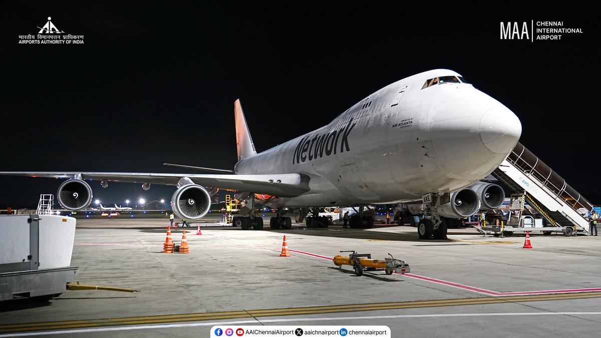 aaichnairport's tweet photo. Under the Chennai night sky, Network Aviation’s Boeing 747, operated by Air Atlanta Icelandic, is on the ground for its cargo stop, with freight being loaded and unloaded before the next sector.

Arriving from Hanoi and heading onward to Hong Kong, the Queen of the Skies offers a glimpse into the international cargo movements connecting Chennai with destinations across the region through #ChennaiAirport.

#ChennaiAirport #AirCargo #Boeing747 #Freighter #Aviation #Chennai #CargoFlight #MAAshots #Boeing 

@MoCA_GoI | @AAI_Official