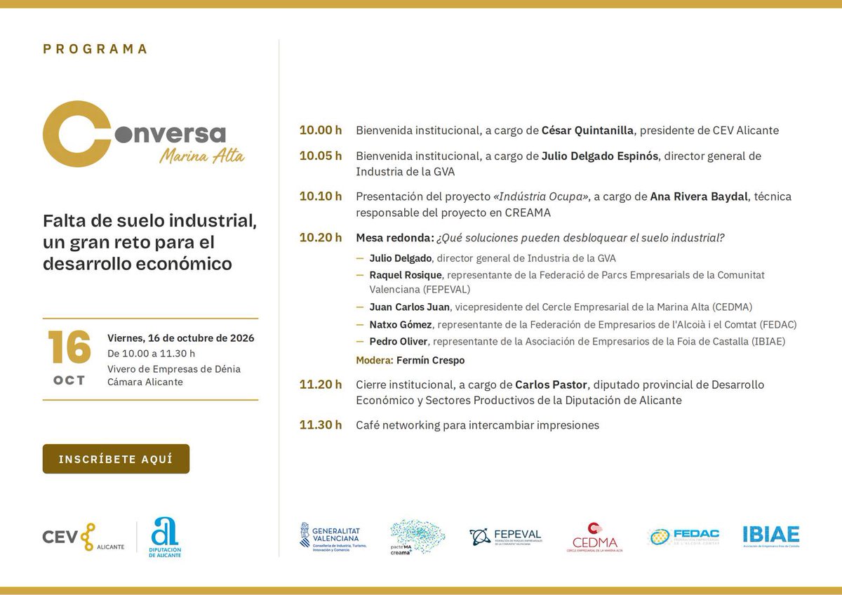 CEV_CV's tweet photo. 📌El suelo industrial, clave para el desarrollo económico de la provincia de #Alicante

📅El próximo 16 de octubre, #CEVAlicante y @dipuAlicante organizan la jornada "Falta de suelo industrial, un gran reto para el desarrollo económico", en el marco del ciclo Foros Conversa

📍 Vivero de empresas de Dénia. Cámara Alicante
🕙 10:00 h

🔗 ¡Inscríbete! https://t.co/u1VPzYiF9q