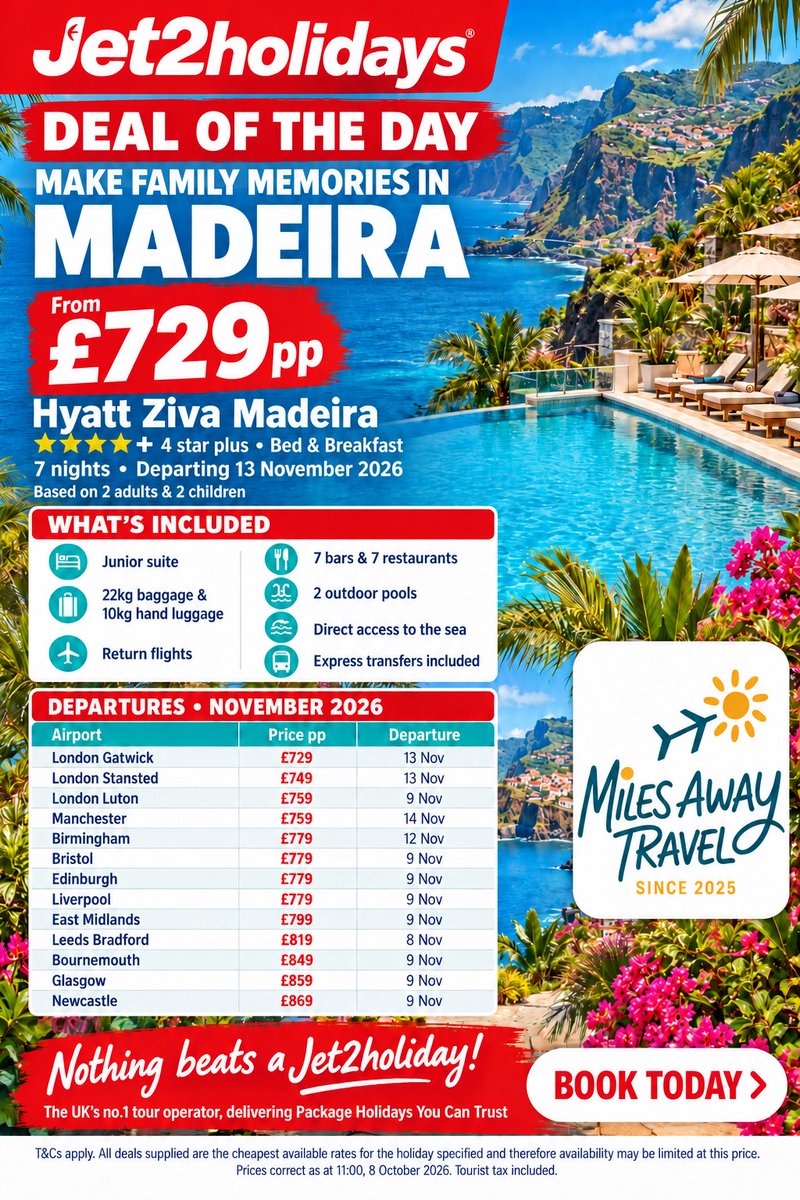 miles_awayuk's tweet photo. 😍 DEAL OF THE DAY — Madeira from £729pp!

Make family memories at Hyatt Ziva Madeira with Jet2holidays ☀️

🏨 7 nights • 4★+ • Bed & Breakfast
🛏 Junior suite
✈️ Flights, baggage & express transfers included
📅 November 2026 departures
👨‍👩‍👧‍👦 Based on 2 adults & 2 children

💬 Message me to book!

T&Cs apply. Prices subject to availability. Tourist tax included.

#MilesAwayTravel #jet2holidays #Madeira #FamilyHoliday #DealOfTheDay