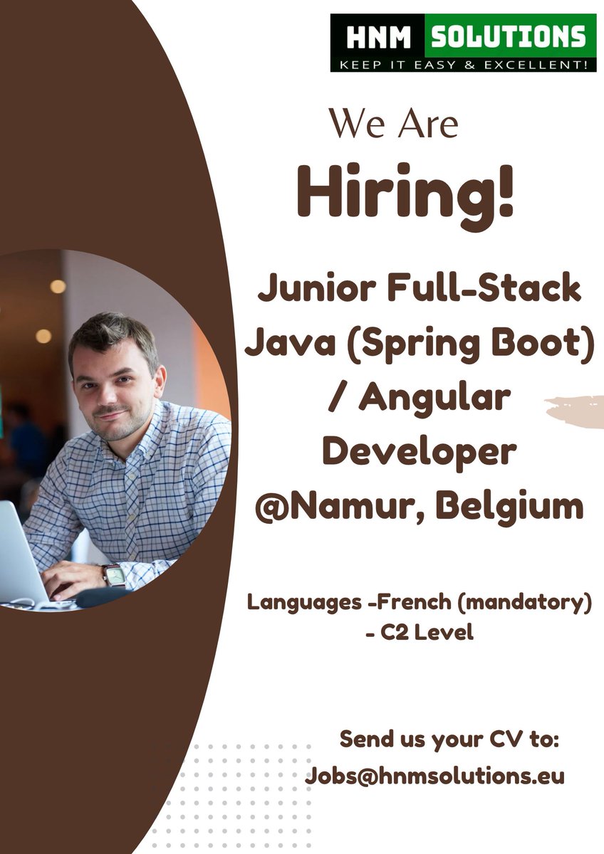HNM_SolutionsEU's tweet photo. We are Hiring!! Looking for #Junior Full-Stack Java (Spring Boot) / Angular Developer@ Namur, Belgium
Language:  French
Full time with HNM Solutions  Interested? Can apply at jobs@hnmsolutions.eu
#hnmsolutions
#Hiring
#HIRINGNOW https://t.co/tSwSDS76WW