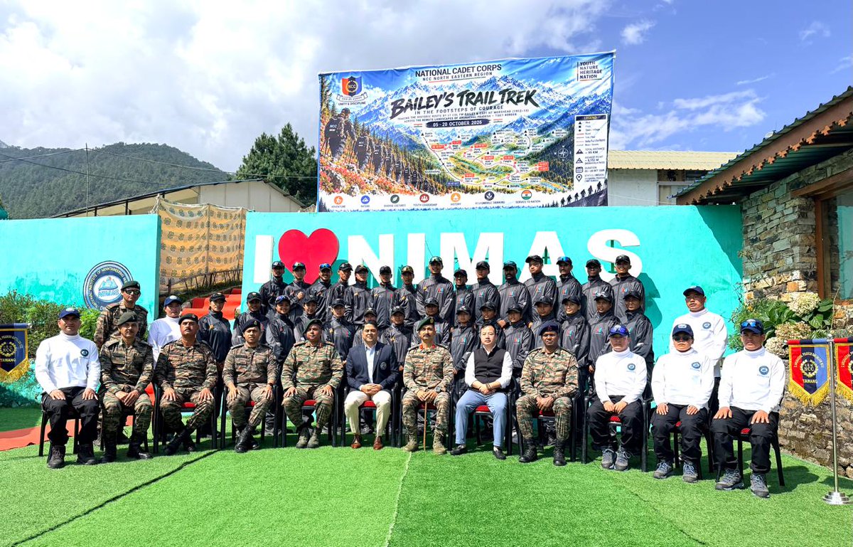 ncc_gp's tweet photo. NCC CADETS EMBARK ON THE HISTORIC BAILEY’S TRAIL
30 NCC cadets from Assam & Arunachal Pradesh embark on a challenging High-Altitude Trekking Expedition along the historic Bailey’s Trail, traversing rugged Himalayan terrain at altitudes reaching 17,000 ft.
The expedition, being conducted from 05–20 Oct 2026, is organised by 2 Arunachal Pradesh Battalion NCC, Tawang, in collaboration with NIMAS, Dirang, under the aegis of NCC North Eastern Region Directorate.
The expedition was flagged off at NIMAS by Brig Mayank Vaid, Group Commander, NCC Group HQ Tezpur, Mr Choikey Dondup, ADC Dirang, and Col R S Jamwal, SM, VSM**, Director NIMAS.
The trek aims to foster endurance, leadership, self-reliance, teamwork and the spirit of adventure, while enabling cadets to experience the spectacular Himalayan landscape and rich cultural heritage of Western Arunachal Pradesh. @nccner @HQ_DG_NCC