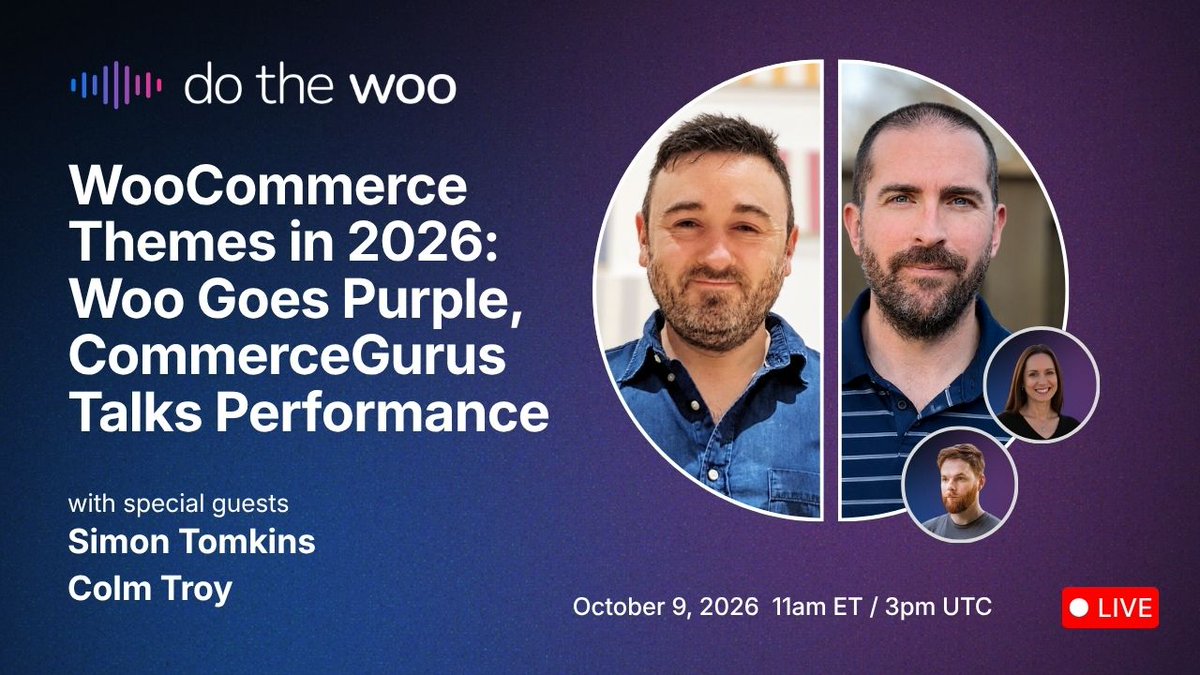 DotheWoo's tweet photo. Tomorrow, live! WooCommerce Themes in 2026: Woo Goes Purple, CommerceGurus Talks Performance

October 9, 2026 11am ET / 3pm UTC https://t.co/Mkeeyk6P7t