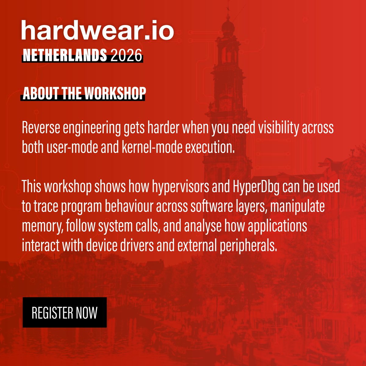 hardwear_io's tweet photo. Debug beyond conventional limits.

Explore Hypervisor-Assisted Reverse Engineering workshop at https://t.co/g3vGGlphWi N L2026 and uncover low-level Windows behavior through hypervisor-level visibility.

Register now: https://t.co/nMDJ48wiII

#HardwearNL2026 https://t.co/A80Hiz68eh