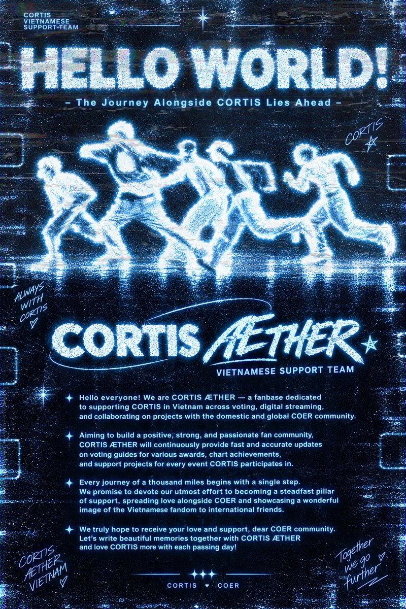 cortisaether's tweet photo. 🌠Hello! We're CORTIS ÆTHER — a fanbase supporting CORTIS in Vietnam. We'll continuously keep updated on all support campaigns and CORTIS activities both locally and globally. We truly look forward to the support and love from COER in the future!

#CORTIS #코르티스 #CortisÆther https://t.co/BIxUsuBgPz