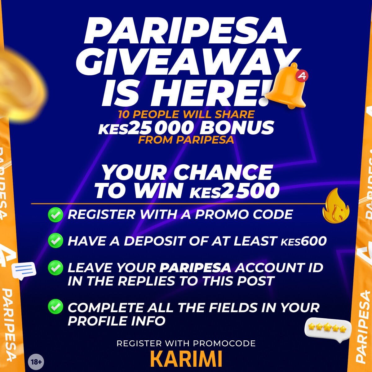 Karimi_benz's tweet photo. 🎁Giveaway, 10 people will share 25K bonus from PariPesa
📢 Get 2500 KES right now
✅ Create account using promocode KARIMI
✅ Deposit at least 600 KES
✅ LEAVE your Account ID in the REPLIES
✅ Complete ALL FIELDS in your Profile
Open your X DM

Winners will be chosen randomly. https://t.co/3QTzyD21yV