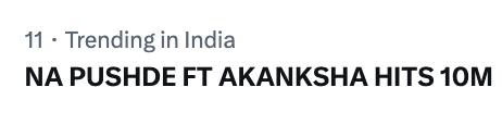 akankshaofc's tweet photo. TRENDING IN INDIA AT 11!

NA PUSHDE FT AKANKSHA HITS 10M https://t.co/xLQMSXEW53