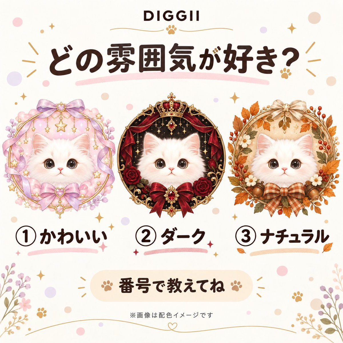 DIGGII_select's tweet photo. アイコンを飾るなら、どの雰囲気が好き？🐾

① かわいい🎀
② ダーク👑
③ ナチュラル🍂

番号だけでも教えてもらえるとうれしいです！
今後のDIGGIIの素材づくりの参考にします✨

※画像は配色イメージです。

#アイコンリング #DIGGII https://t.co/4efA5m8ceH