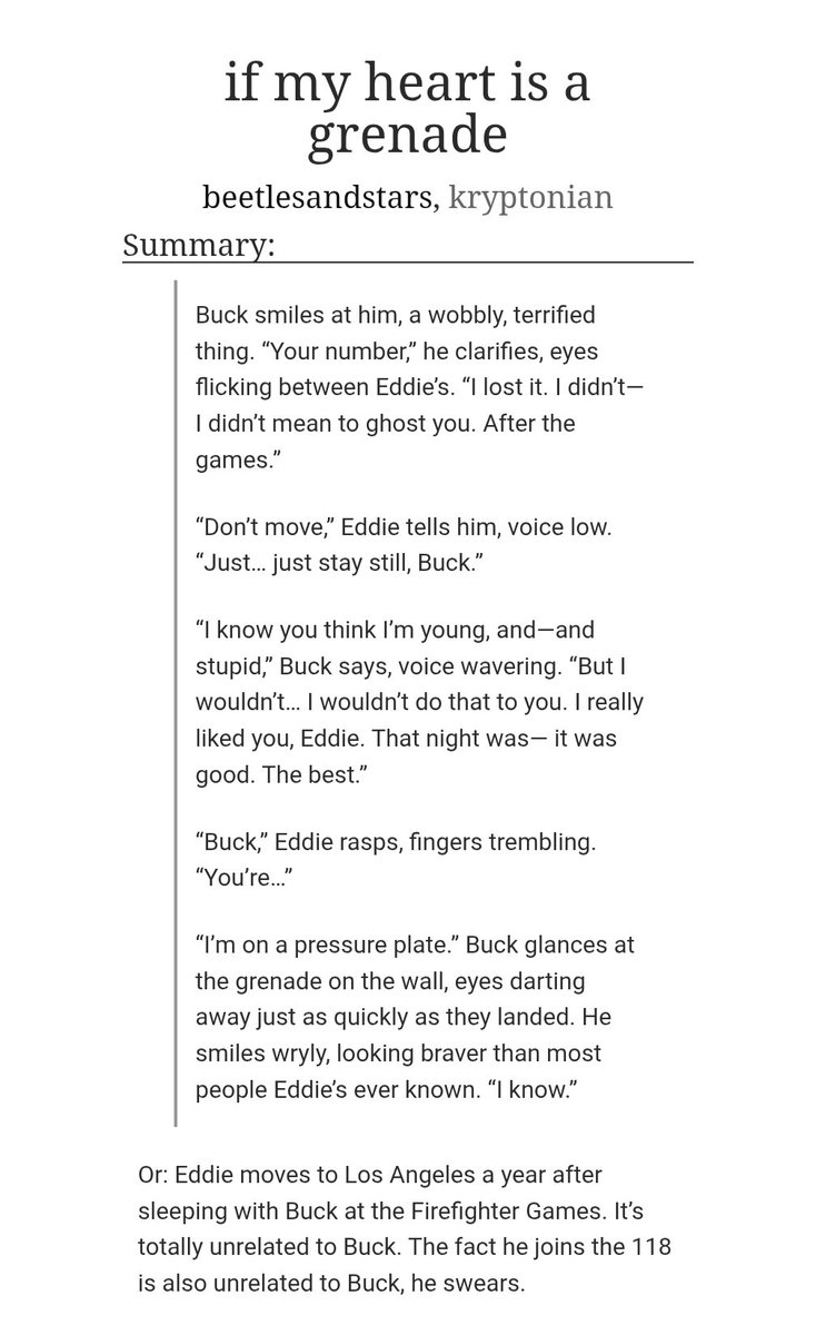 weteddie's tweet photo. if my heart is a grenade 
10.8k words | mature 
w/ @jothebeetle 

- sequel to "his young buck"
- older Eddie, younger buck
- misunderstandings, arguing, getting together, idiot4idiot
- Eddie's rather eventful, dramatic and gay first shifts with the 118

🔗 https://t.co/iSp1MC5Aky https://t.co/P2GQwgkGsj
