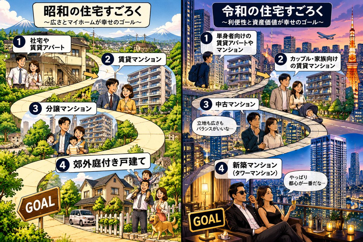 tamachi_dazo's tweet photo. 住宅すごろく

昭和「社宅→賃貸→分譲マンション→郊外庭付き戸建て」
令和「賃貸→中古マンション→新築マンション→タワマン」

住宅すごろく、ゴールが郊外から都心にお引越し。 https://t.co/akuxo9hjb0