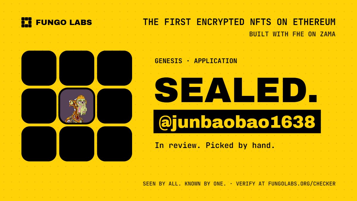 junbaobao1638's tweet photo. 刚申请了 @FungoLabs，给 NFT 留点秘密这个想法挺有意思。外观由自己决定要不要公开，隐藏属性保持加密。底层用 @zama 的 FHE，挺期待以后不亮底牌的游戏怎么玩。蹲个白名单，希望通过 🤞 https://t.co/KHjGxQsw84