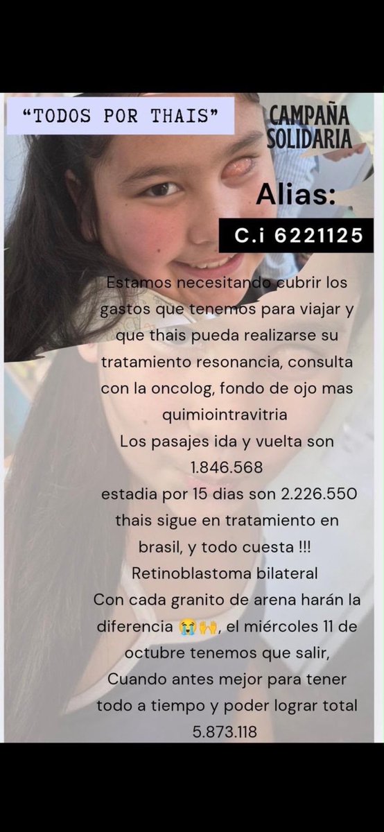 SolAracelyCant1's tweet photo. Buen día!! 1.150.000!! Junte hasta el momento 🫶🏻🥺 me falta un poquito más para poder viajar bien !! Ya que cambiando en real queda poco y son 15 días🙌🏻😭 Thais necesita realizar su su quimiointravitrea a tiempo y resonancia para descartar que haya tumor en otras zonas!! Xfavor https://t.co/FejyJuamCq