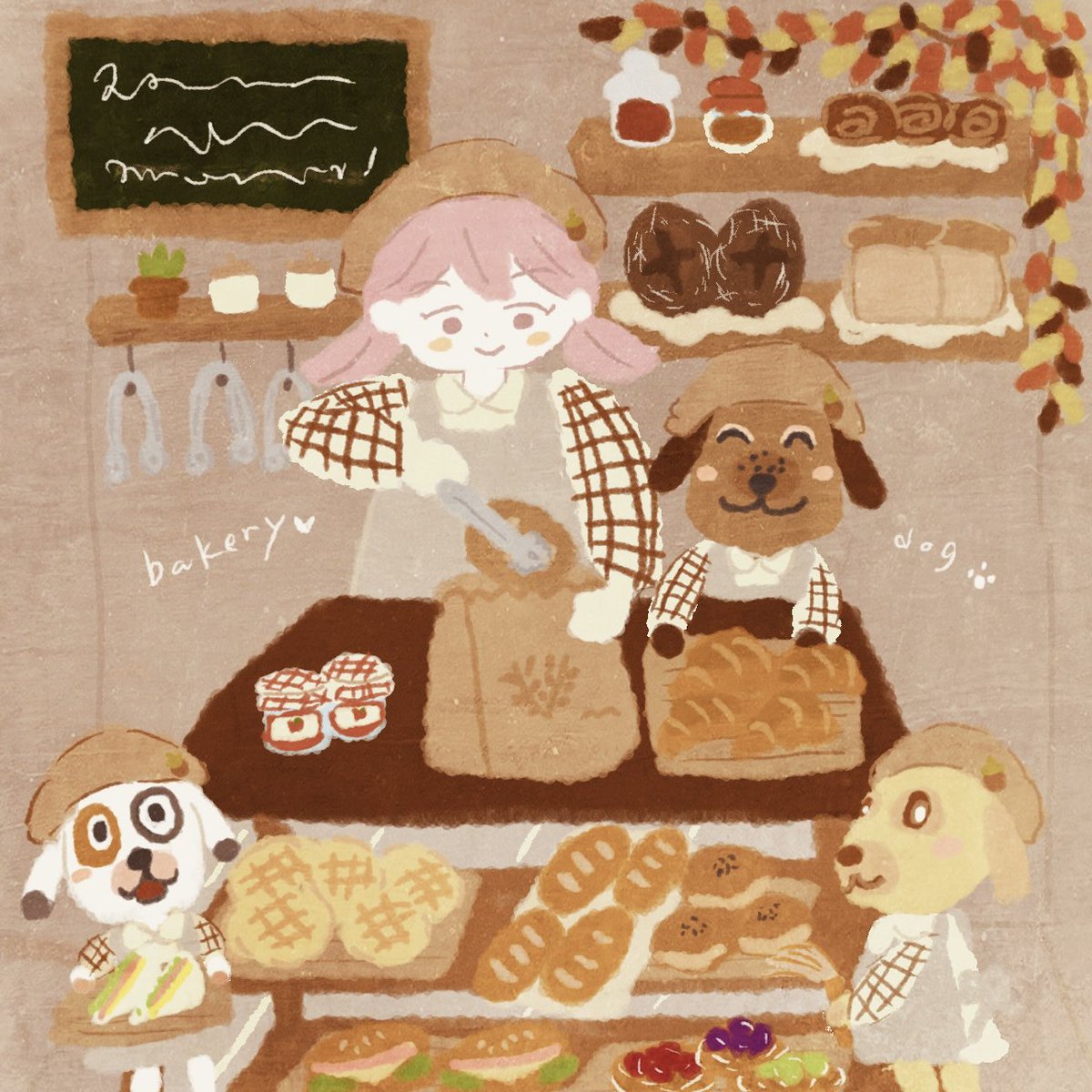 0haama's tweet photo. あつ森のワンちゃんたちかわいいよにぇっていう気持ちが溢れて描きました🐶♡

一緒にパン屋さんしたいな🍞

#あつ森　#あつまれどうぶつの森
#acnh #animalcrossing
#どう森美術部 https://t.co/qOFLsrz5h8