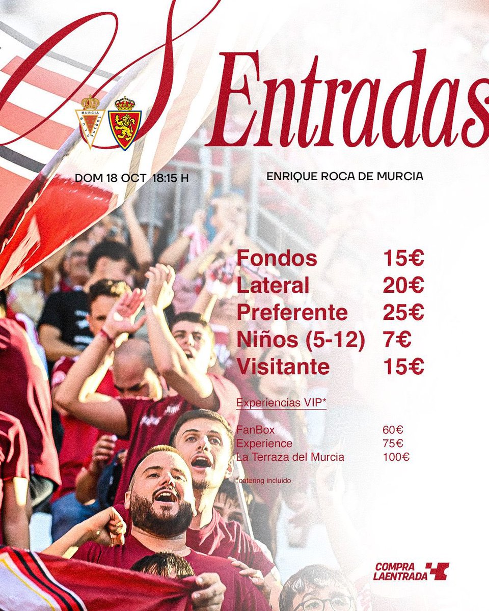 realmurciacfsad's tweet photo. 🔜 𝑷𝑹𝑶́𝑿𝑰𝑴𝑶 𝑷𝑨𝑹𝑻𝑰𝑫𝑶 𝑬𝑵 𝑪𝑨𝑺𝑨

🎟️ ¡Hazte con tus entradas para el Real Murcia – Real Zaragoza!

📍 Jornada 8 | Primera Federación
📅 Domingo 18 de octubre
⏰ 18:15 h
🏟️ Estadio Enrique Roca de Murcia

Fondos y afición visitante 15€ | Lateral 20€ | Preferente 25€ | Infantil 7€ 
⭐️ También disponibles Zona FAN (60€) y La Terraza del Murcia (100€), con butaca y catering incluido.

🎫 Consigue tu entrada:
https://t.co/w8NZzGy49A

#RealMurciaRealZaragoza