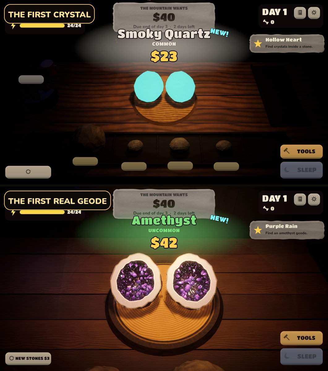 neysegames's tweet photo. The first build: a table, a hammer, grey spheres. The first crystal was two flat cyan circles

First real fix: stones split into two halves, and every find got its own lining, colors and pattern. Hitting things already felt good, so we kept going

#indiedev #gamedev #Unity #steam https://t.co/R3bTfj7o5k