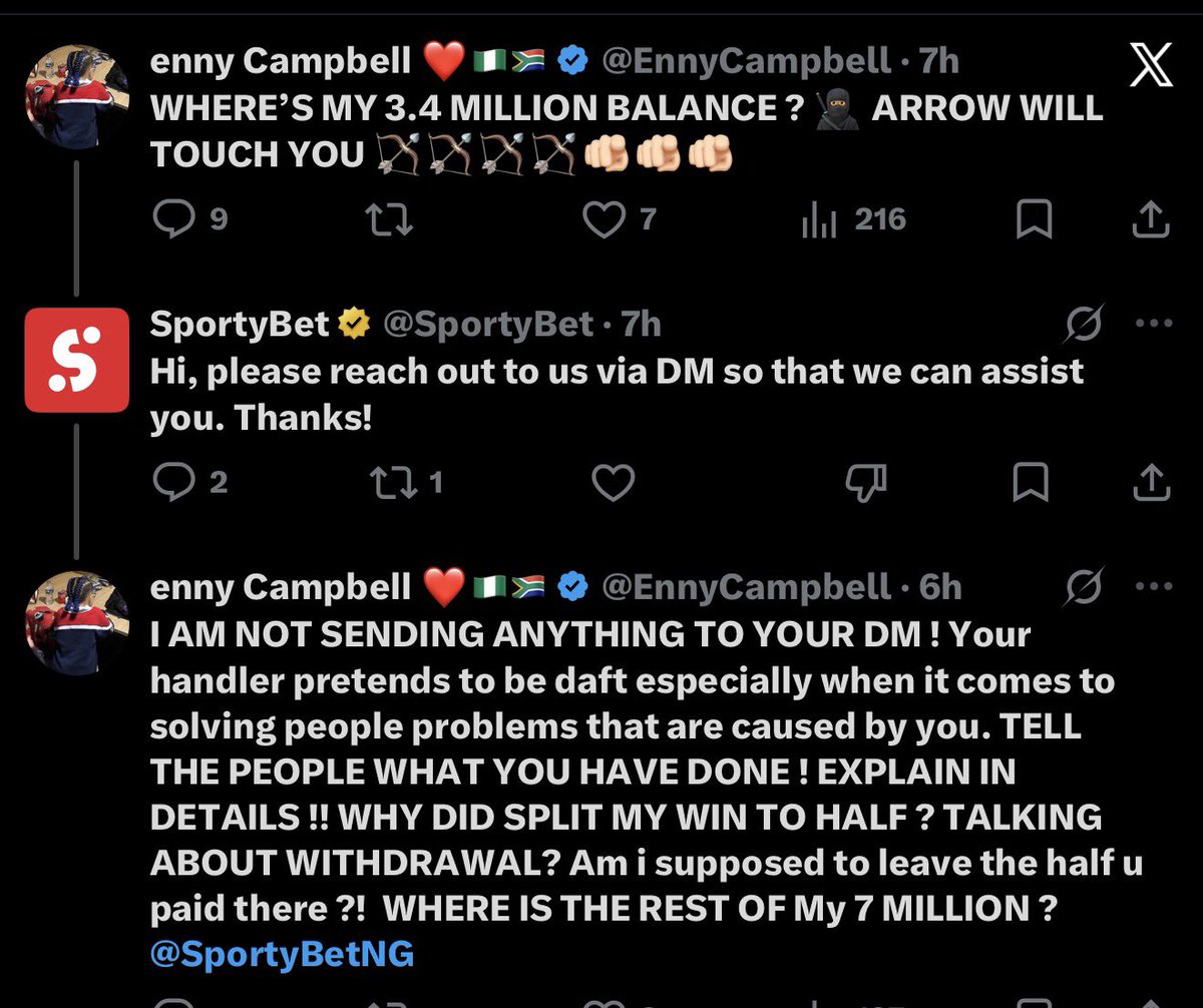 EnnyCampbell's tweet photo. I won 7.3 million on SportyBet. They gave me 0.10 kobo, then flipped my full winning payout to half. Avoid SportyBet if you’re not rich. Their handlers are trained to appear foolish. They don’t care about users. Ordinary customers with genuine complaints get ignored. They tell you to DM, but they won’t respond unless you have a platform to call them out and people backing you.

@Stake treats customers equally, whether you’re a big player or a celebrity or not. Everyone gets the same support; you don’t need anyone to back you up.

When something goes wrong, contact their support and get a response within minutes from professional agents who answer questions and address concerns directly.

That’s the difference between proper customer service and my experience with SportyBet.