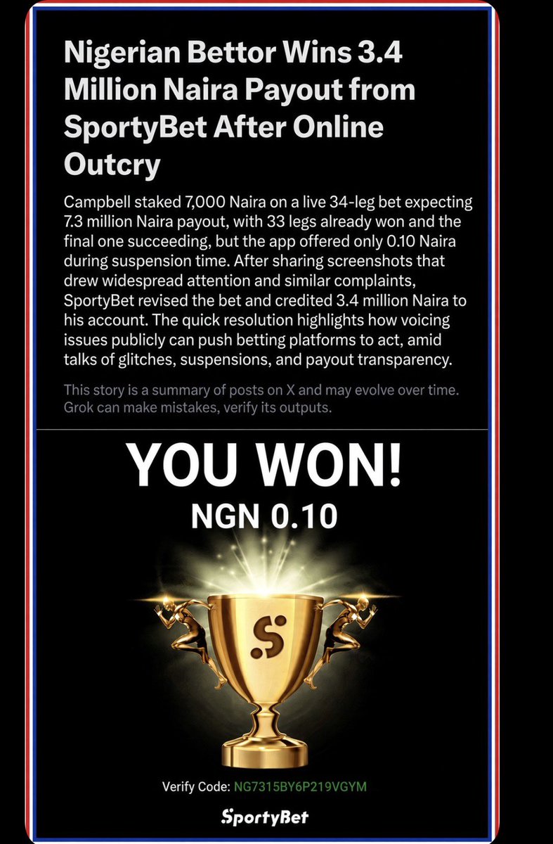 EnnyCampbell's tweet photo. I won 7.3 million on SportyBet. They gave me 0.10 kobo, then flipped my full winning payout to half. Avoid SportyBet if you’re not rich. Their handlers are trained to appear foolish. They don’t care about users. Ordinary customers with genuine complaints get ignored. They tell you to DM, but they won’t respond unless you have a platform to call them out and people backing you.

@Stake treats customers equally, whether you’re a big player or a celebrity or not. Everyone gets the same support; you don’t need anyone to back you up.

When something goes wrong, contact their support and get a response within minutes from professional agents who answer questions and address concerns directly.

That’s the difference between proper customer service and my experience with SportyBet.