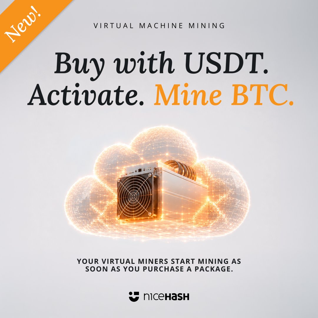 NiceHashMining's tweet photo. ⚡️ Buy with USDT. Mine Bitcoin. No hardware needed.

Your virtual miners are ready when you are!

✅ Choose your mining package
✅ Pay with USDT
✅ Start mining BTC instantly
✅ Powered by real mining infrastructure

Real Bitcoin mining. Virtual miners. Zero hardware hassle.

Get started: https://t.co/eaPgey6SEg

#NiceHash #Bitcoin #VirtualMining #VMM