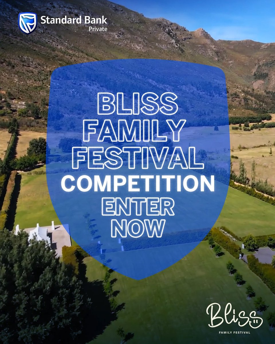 An aerial view of a green golf course and mountain features a Standard Bank Private advertisement for the 'BLISS FAMILY FESTIVAL COMPETITION - ENTER NOW'.