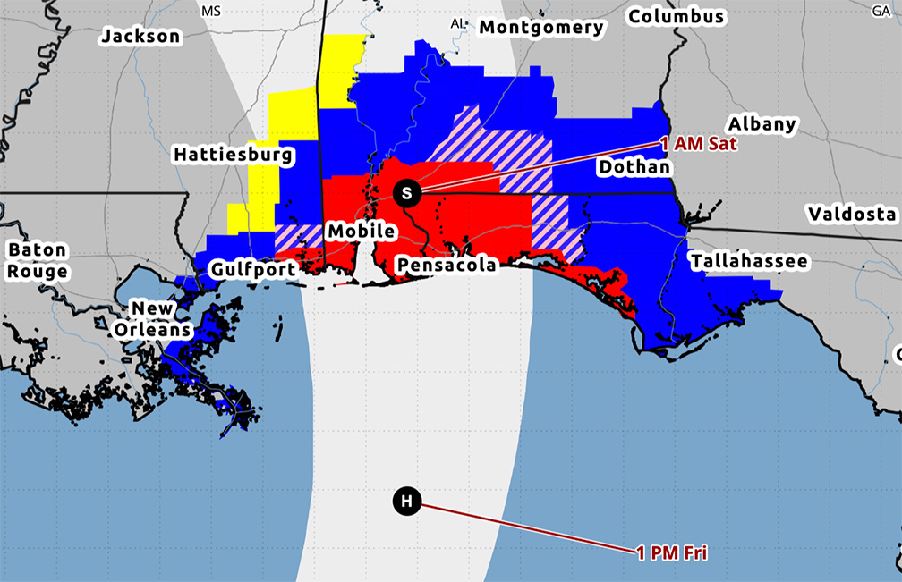 EnterpriseHolt's tweet photo. 10/8 7 a.m. map update: Isaias is still traveling E-NE but is expected to make a turn toward the NE today followed by a turn north tomorrow. Strengthening to a Cat 2. NWS-Mob is forecasting landfall tomorrow night. We'll be under a Level 2 (out of 5) tornado risk Fri &amp; Sat. https://t.co/6YnXVoXR1T