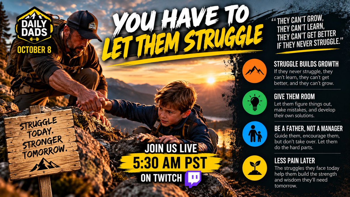 MyDailyDads's tweet photo. 🔴 WE'RE LIVE — Let Them Struggle, Let Them Grow!
Are we helping our kids grow, or are we making life too easy by constantly stepping in?
Today we're talking about knowing when to help, when to guide, and when to let our kids figure things out.
#DailyDads #Parenting #LetThemGrow
@DRouzaud @FaithIronFit @Beuks605 @DylanRayDotETH