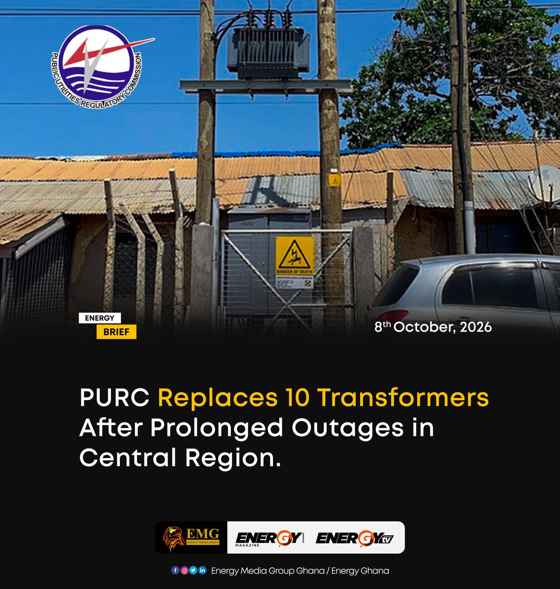 _EnergyGhana's tweet photo. The PURC has facilitated the replacement of 10 damaged and overloaded electricity transformers in the Central Region, following prolonged power outages affecting about 61,000 customers. Read more https://t.co/1K1lfVFmyB https://t.co/GrNk70cNAR