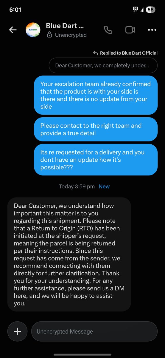 GrindDaily78's tweet photo. Its the same automated bot replies continously and kinda feel they were been in a loop of 38days best services out there🤌🤌 @BlueDart_ https://t.co/6XIUMknFk0