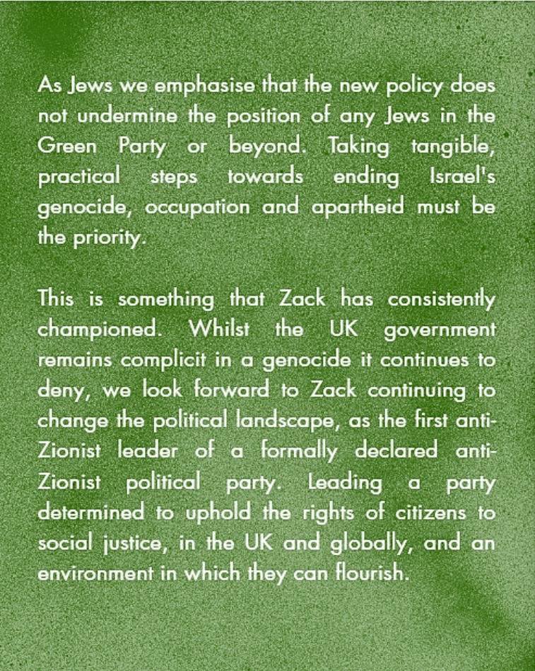 JAZA_UK's tweet photo. A statement by Jewish members of the Green Party, supported by members of Jewish Anti-Zionist Action and other Jewish Bloc groups, in support of Zack Polanski and the ‘Zionism is Racism’ motion 

💚🇵🇸 https://t.co/K9qgajWL1F