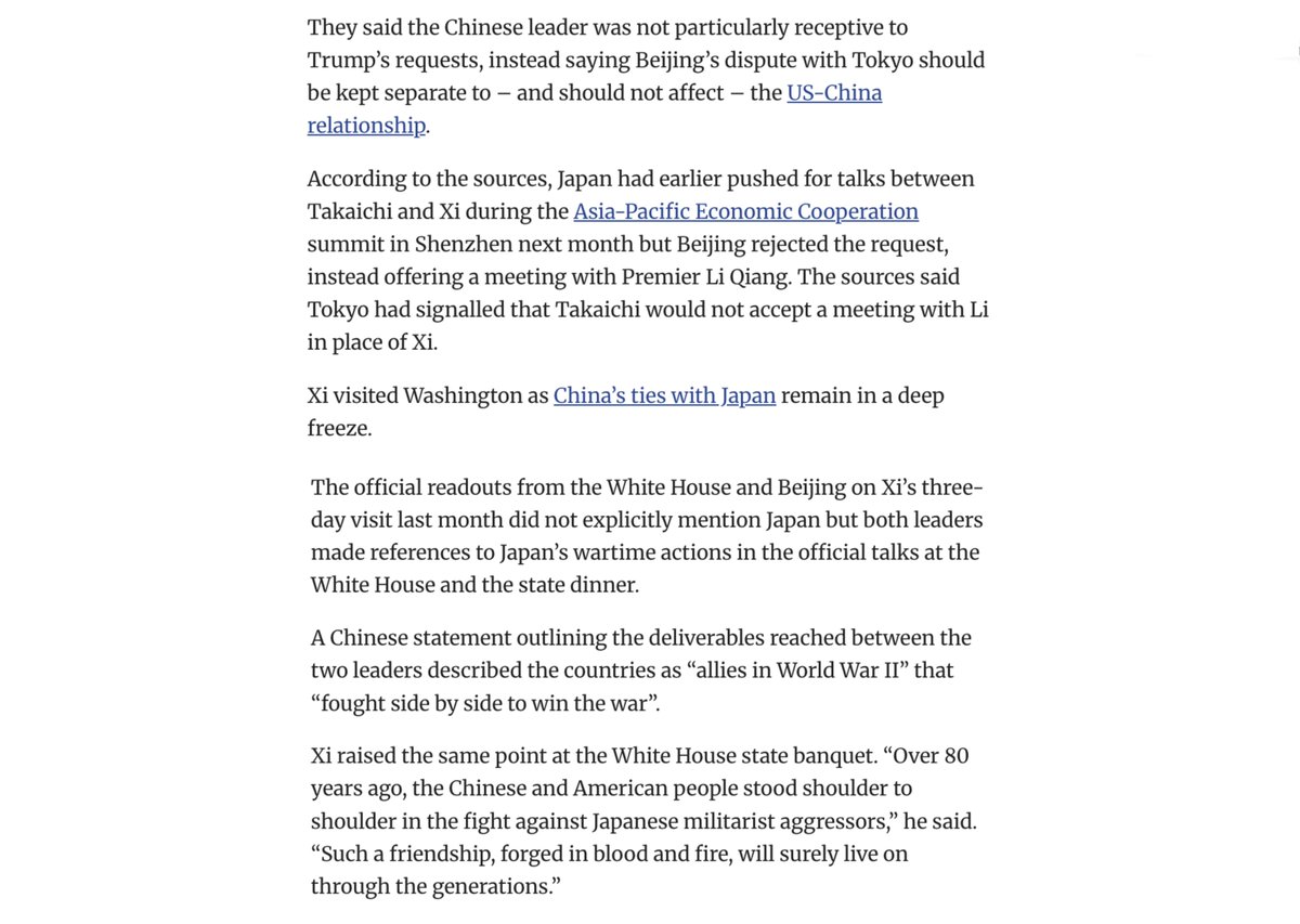 OopsGuess's tweet photo. This is an astonishingly childish reading of power politics for someone whose bio says “Senior Fellow for Greater Asia.”

Japan asked for Xi.
Beijing offered Li Qiang.
Tokyo refused.
Then Trump personally raised Japan’s grievances with Xi and urged him to meet Takaichi.

That does not put Xi in an “awkward position.”

It tells you who is seeking access, who is setting the level of access, and who had to ask Washington to intervene.

Diplomacy is not a kindergarten playdate where refusing to meet someone makes you “petty.”

It is hierarchy, leverage and signaling.

And the funniest part?

While Washington was privately pleading Japan’s case, Beijing and Washington publicly invoked their shared World War II history against Japanese militarism.

Tokyo wanted elevation.
Beijing gave it a lesson in rank.