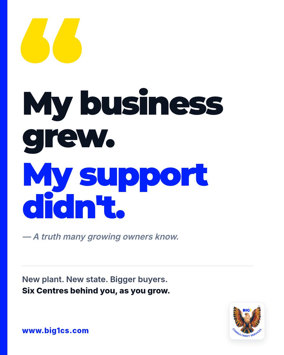 BIG1CS's tweet photo. "My business grew. My support didn't."

New plant. New state. Bigger buyers. The work around a business grows too.

Six Centres behind you, as you grow. https://t.co/Vy1EriT2en #MSME https://t.co/BOGHHhdsbI