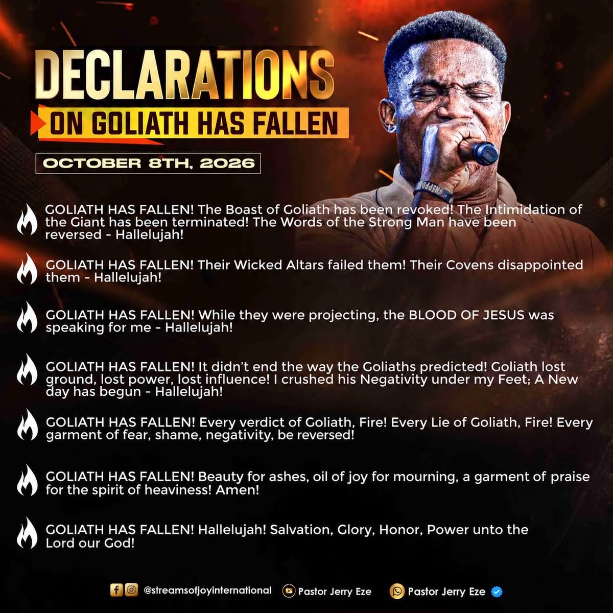 SOJToronto's tweet photo. 31 DAYS OF OCTOBER SPECIAL PROPHETIC DECLARATIONS ON GOLIATH HAS FALLEN BY FIRE 🔥 DAY 8, BY PAPA JERRY EZE 🔥
What God cannot do does not exist!!!
#NSPPD
#7amfireprayers
#PastorJerryEze
#StreamsofJoyToronto🇨🇦
#StreamsOfJoyInternational https://t.co/RAxTmAVMiN
