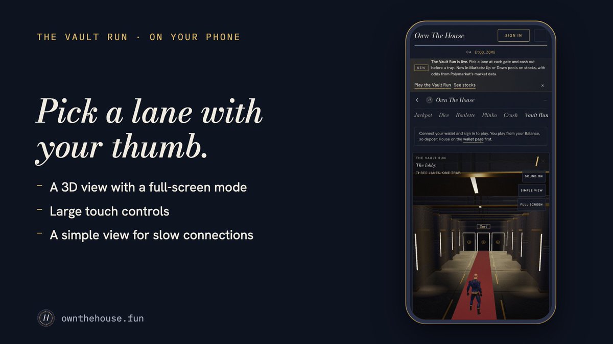 ownthehousefun's tweet photo. The Vault Run works on your phone.

• 3D view with a full-screen mode
• Large touch controls
• A simple view for slow connections

Pick a lane with your thumb.

https://t.co/Aj7ppCoqQG

CA: EtQQJqEweKzWF3nKkGZgkiNMkXCNeXK2wxDTL7qyZQMG https://t.co/R5iDlImntG