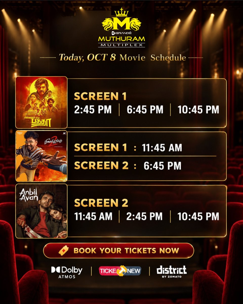 GrandeMultiplex's tweet photo. 🌟 Your Thursday Watchlist Is Ready! 🍿

Baththa, Meesaya Murukku 2 &amp; Anbil Avan at Grande Muthuram ⚡

🎟️ Book now on TicketNew &amp; District by Zomato

#GrandeMuthuramMultiplex #GrandeExperience https://t.co/KFE8x24fMW