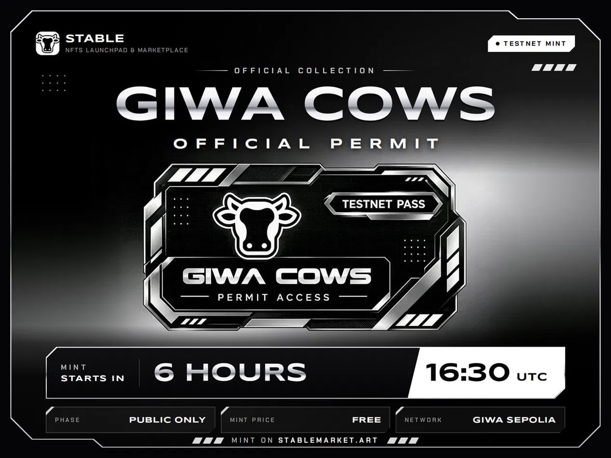 StableMarket_'s tweet photo. 🐮 GIWA COWS PERMIT MINT — 6 HOURS TO GO!

Our first testnet collection is going live in just 6 hours. 🔥

Want a permit? 👀

❤️ Like
🔁 RT
💬 Drop your wallet below https://t.co/w9Ay1uR968