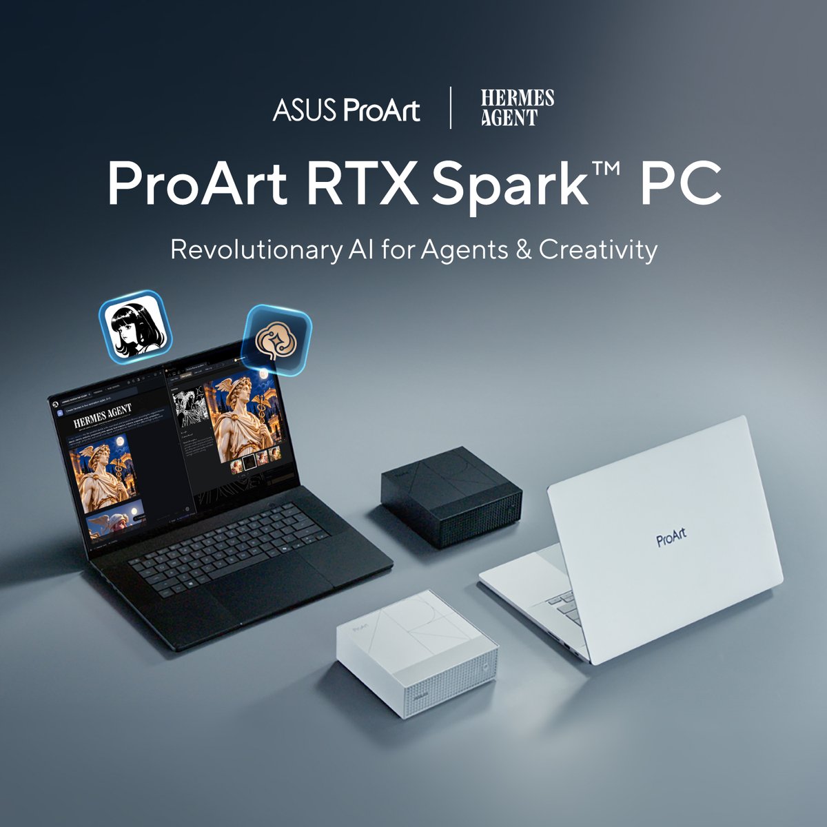 ASUS's tweet photo. Ubiquitous AI for everyone—from cloud to edge. Powered by NVIDIA &amp; Hermes AI, the new RTX Spark PC ProArt P16 &amp; P14 bring next-gen Edge AI solutions to creators.
Learn more👉https://t.co/1IFV04JKMQ

@NousResearch 
@dillonrolnick 

#ASUS #ProArt #NVIDIARTXSpark #HermesAgent https://t.co/WbW54roi5C