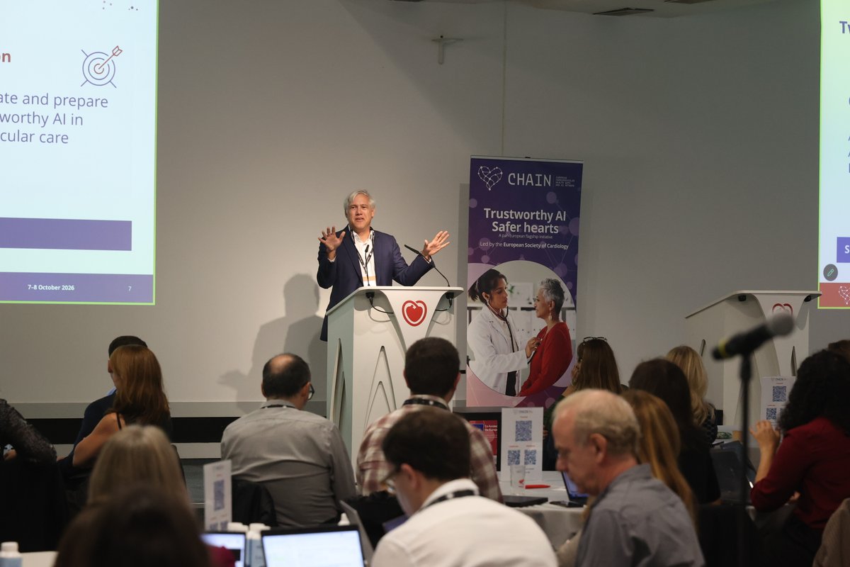 escardio's tweet photo. Where can artificial intelligence make a real impact in cardiovascular care? 

Today, Day 2 of the CHAIN kickoff brings partners from across Europe together around a shared goal: building the foundations for trustworthy AI in cardiology. CHAIN, the European Cardiovascular Health Data and AI Network, is led by the ESC. Thank you to everyone contributing to this collaborative journey.

@LindeCecilia @fwasselbergs @OliverVarhelyi #CHAINForCVHealth #EU4Health #CardiovascularHealth #AIinHealthcare #chainflagship