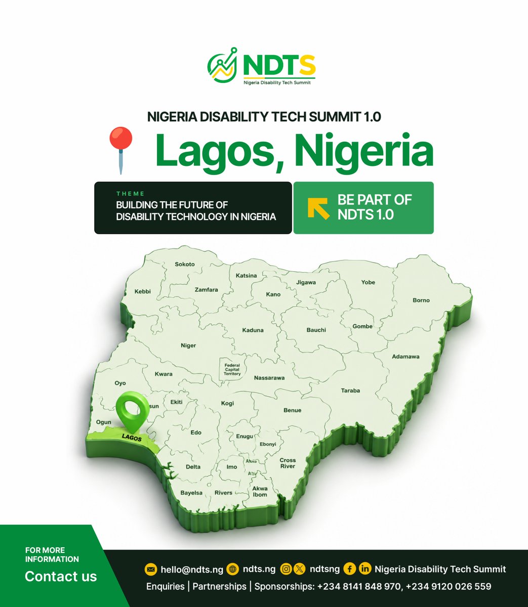 ndtsng's tweet photo. LAGOS, WE’RE COMING! 🇳🇬

We’re excited to officially announce Lagos as the host location for Nigeria Disability Tech Summit 1.0.

A national gathering at the intersection of disability, technology, accessibility and innovation.

More details soon. 👀

#NDTS1 #DisabilityTech https://t.co/AVoSrziDGM