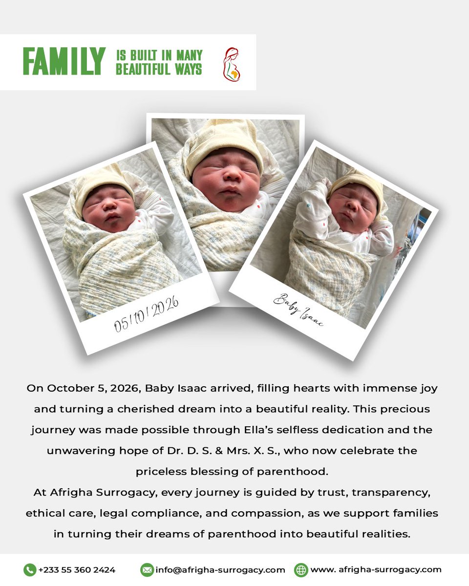 Afrigha_co's tweet photo. A beautiful new chapter has begun. ๐๐ถ๐พโจ
Please join us in welcoming Baby Isaac, who has arrived safely and brought with him a joy that words can hardly describe.
#NewParents #BundleOfJoy #LittleMiracle #AfrighaSurrogacy #InternationalSurrogacy #FamilyBuilding https://t.co/cPe0nQTbAZ